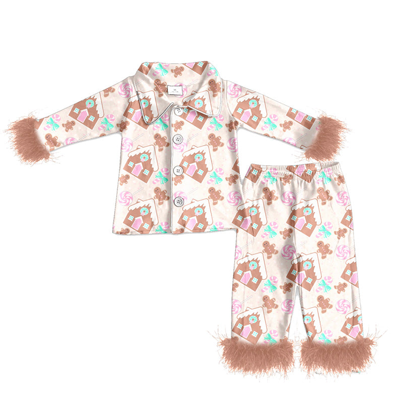preorder(MOQ 5)Baby Girls Christmas Gingerbread House Fur Top Pants Pajamas