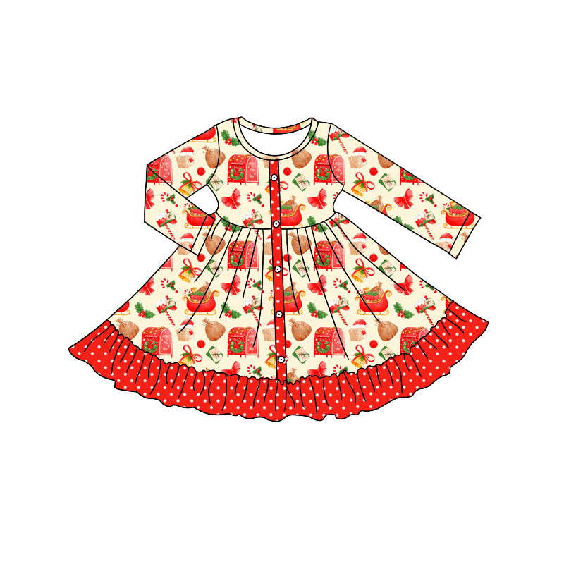 Preorder (moq 5)Baby Girls Gifts Candy Cane Button Ruffle Christmas Knee Length Dresses