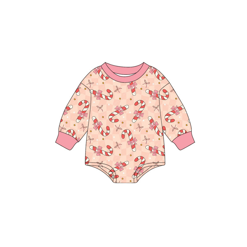 Preorder (moq 5)Baby Girls Long Sleeves Peach Bows Candy Cane Stars Plaid Romper