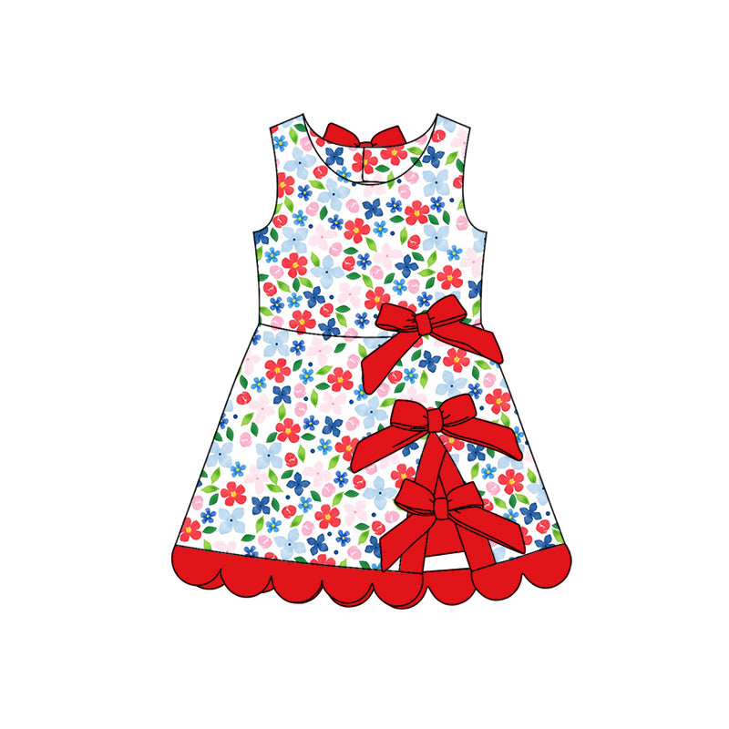 Preorder moq 5 Baby Girls Flowers Plaid Shorts 4th of July Scallop Knee Length Dress