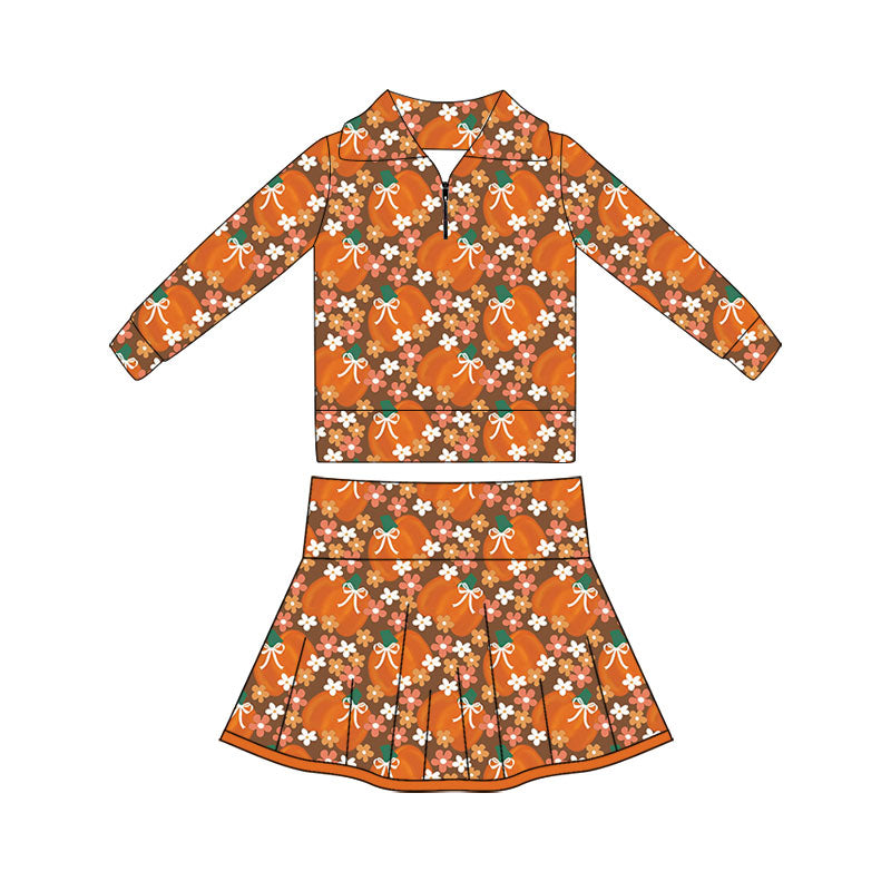 Preorder (moq 5)Baby Girls Flowers Pumpkins Zip Pullovers Pleated Skirt Short Fall Clothes Sets