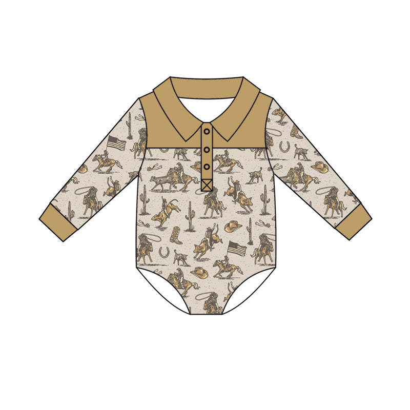 Preorder (moq 5)Baby Boys Long Sleeve Horse Rodeos Western Button Hunting Rompers