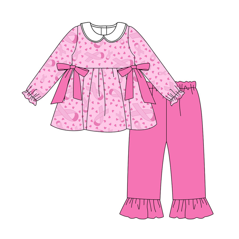 Preorder(moq 5) Baby Girls Wear Pink In Oct Bows Tunic Top Pants Clothes Sets