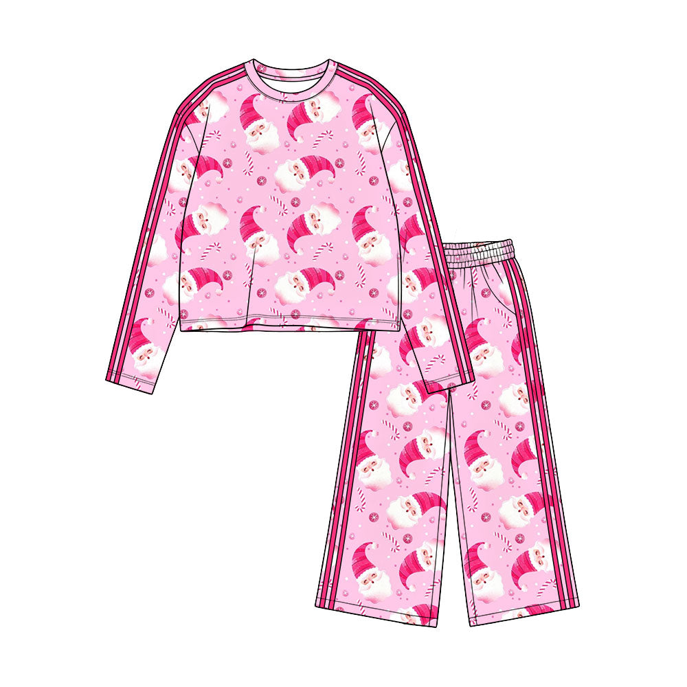 Preorder(moq 5) Girls Christmas Bow Print 2-Piece Soft Long Sleeve Pants Side Stripe Holiday Loungewear Set