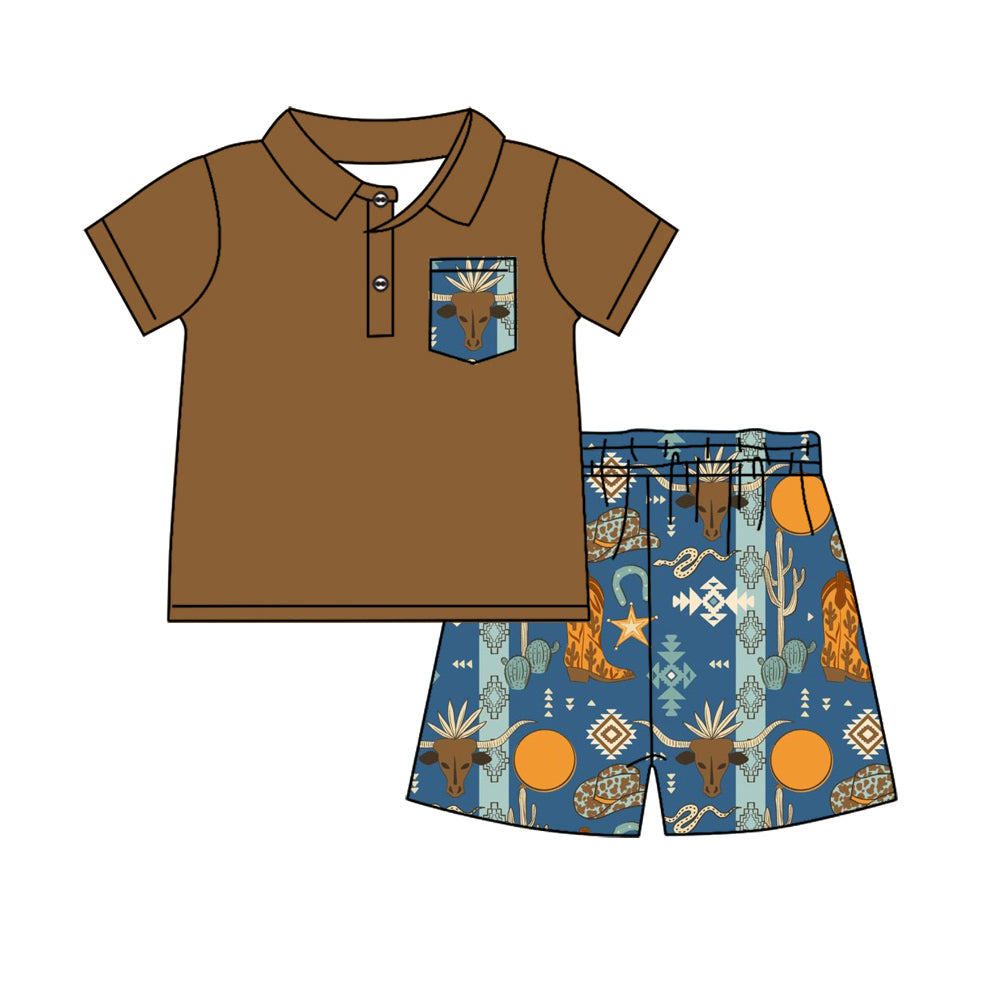 Preorder (moq 5)Baby Boys Brown Pocket Tee Top Cow Aztec Shorts Clothes Sets