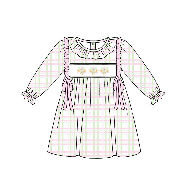 Preorder (moq 5)Baby Girls Pink Checked Turkey Thanksgiving Knee Length Dresses