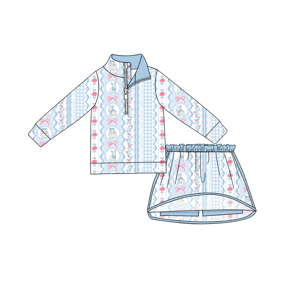 Preorder (moq 5) Girls’ Easter Blue Bunny Bow Half-Zip Top & Skirt Set, Festive Holiday Outfit