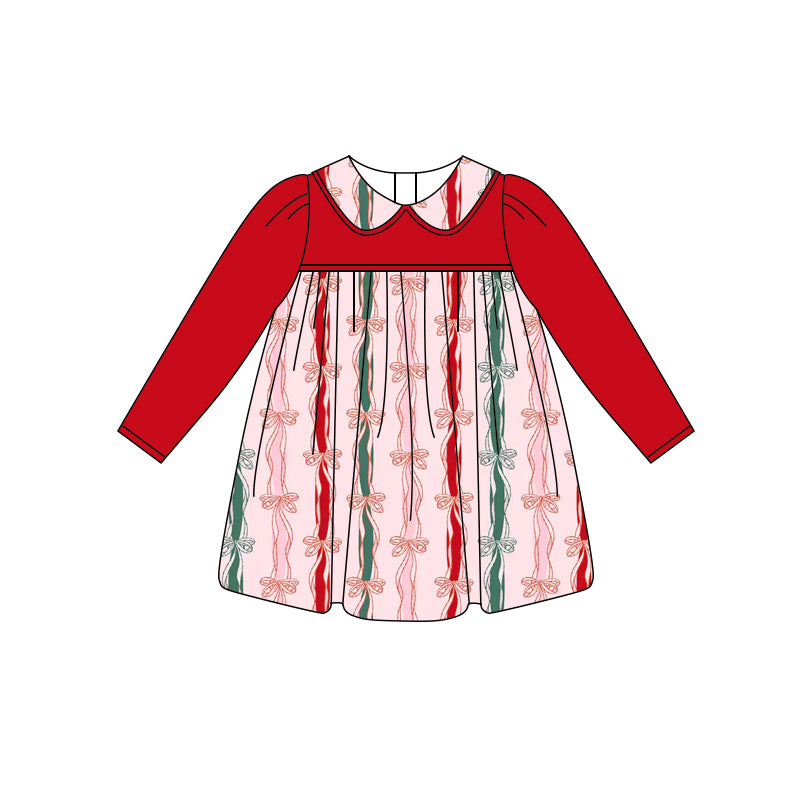 Preorder (moq 5)Baby Girls Red Long Sleeves Bows Stripes Knee Length Dresses