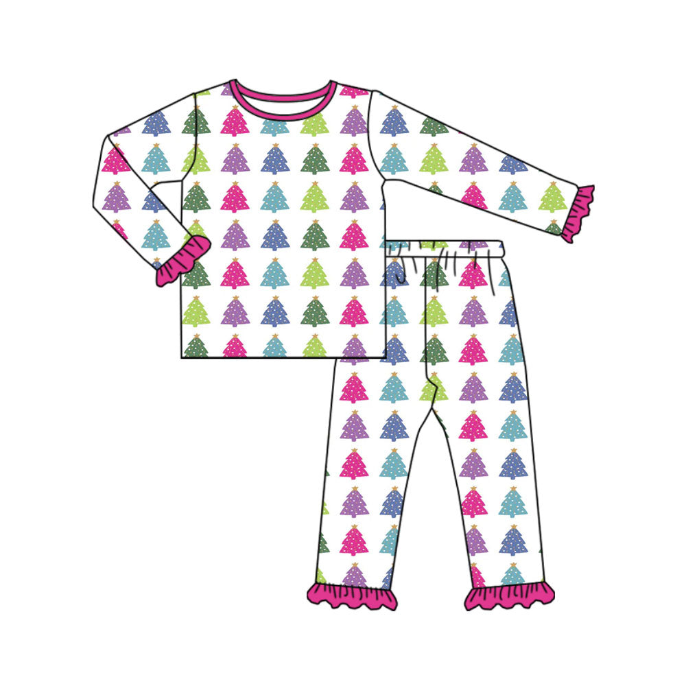 Preorder (moq 5)Baby Girls Colorful Trees Plaid Top Ruffle Pants Christmas Pajamas Sets