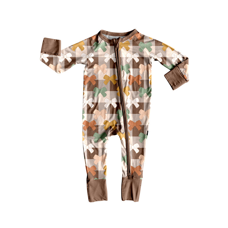 Preorder (moq 5)Baby Girls Long Sleeves Khaki Plaid Bows Zipper Rompers