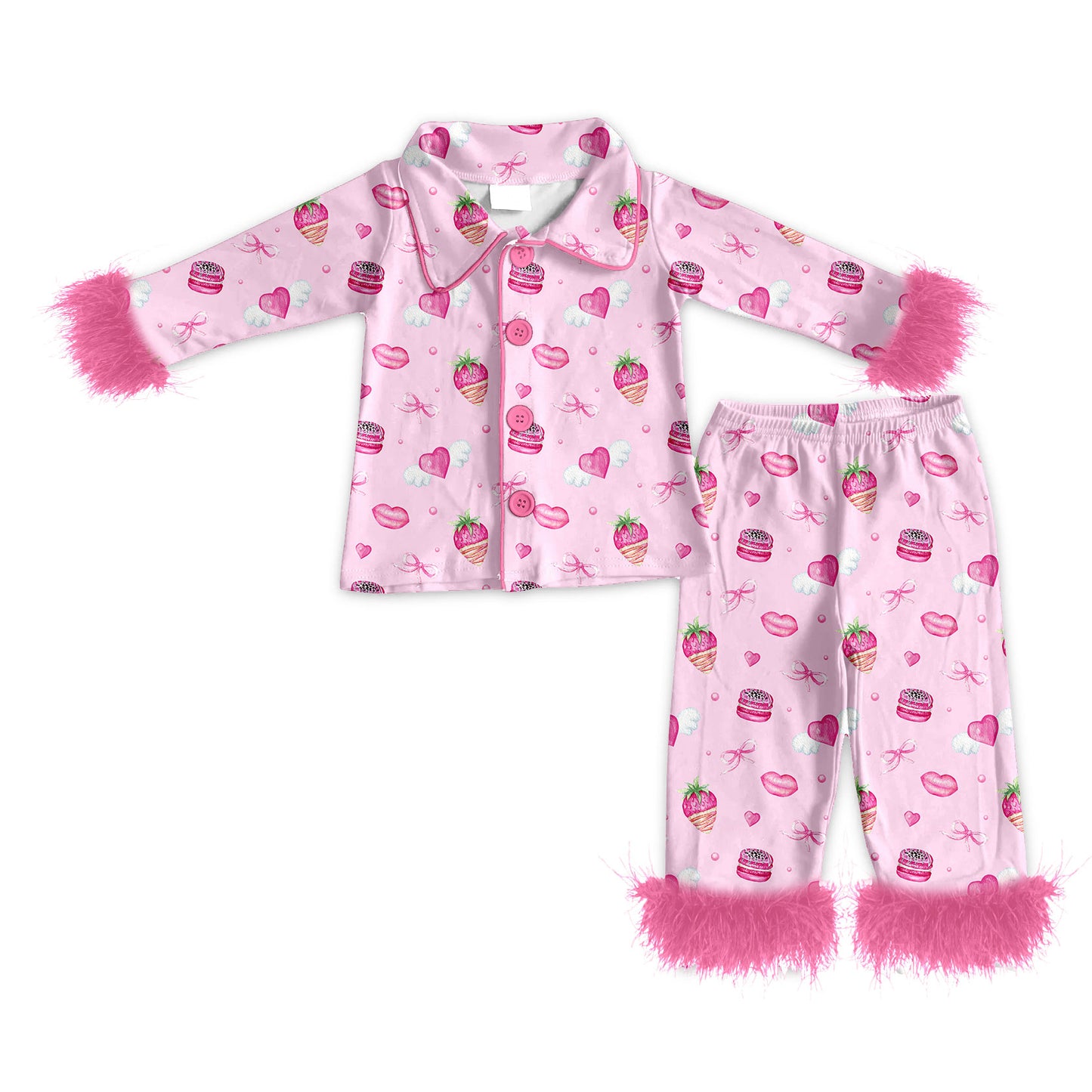 Preorder (moq 5)Baby Girls Pink Angle Hearts Button Top Pants Valentines Fur Sleeve Pajamas Sets