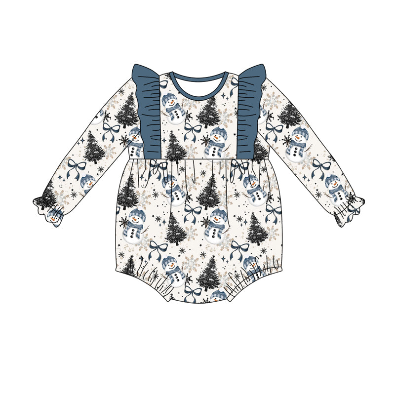 Preorder(moq 5)Baby Girls Blue Bows Trees Snowman Ruffle Rompers
