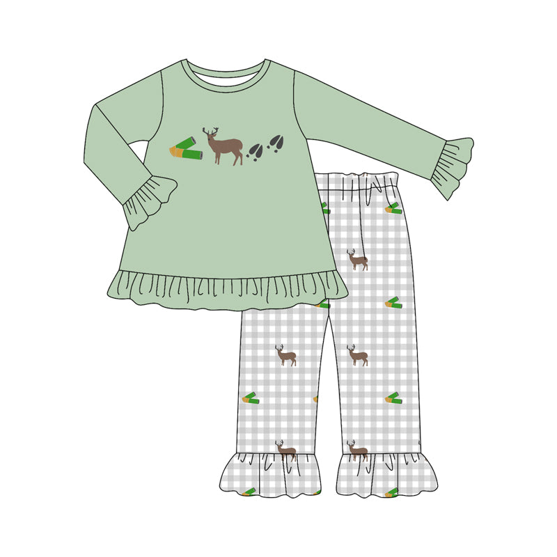 Preorder (moq 5)Baby Girls Long Sleeve Deer Tunic Checked Ruffle Pant Hunting Sets