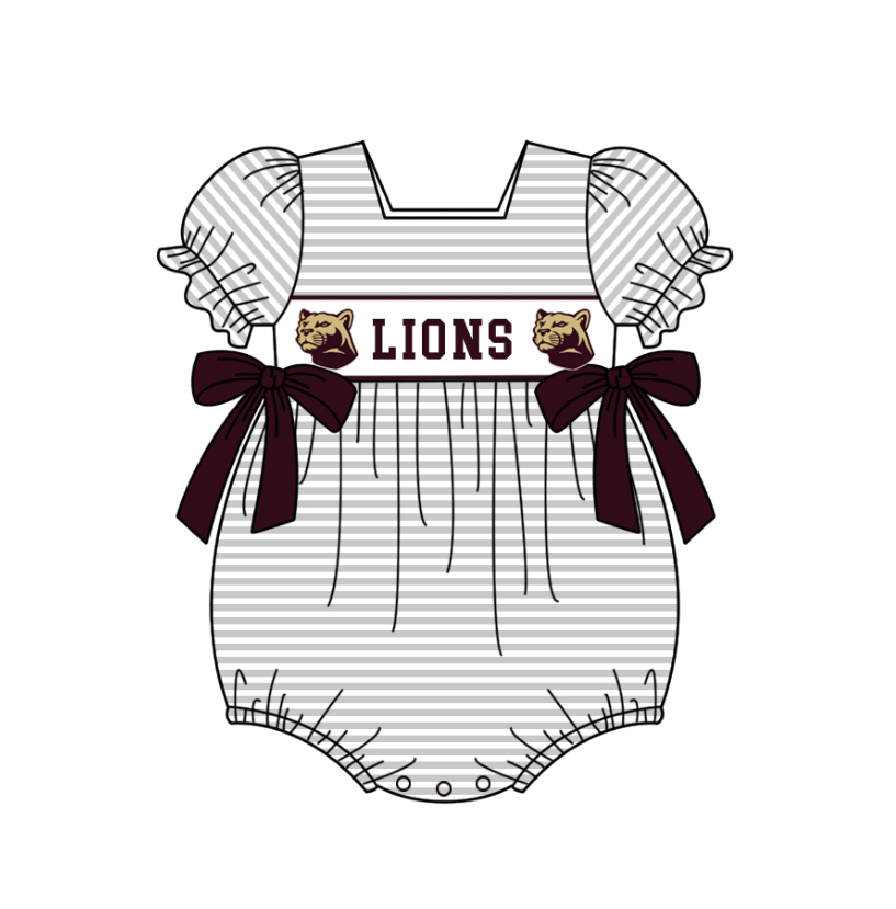 Preorder (moq 5)Baby Girls Lions Bows Stripe Team Ruffle Rompers