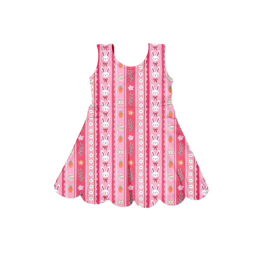 Preorder (moq 5)Baby Girls Sleeveless Pink Bow Rabbits Stripe Easter Knee Length Dresses