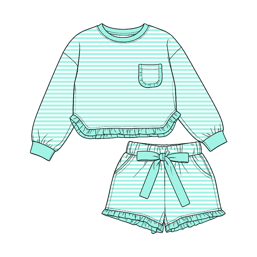 Preorder (moq5) Baby Girls Aqua Stripe Pocket Top Ruffle Bow Short Clothes Set