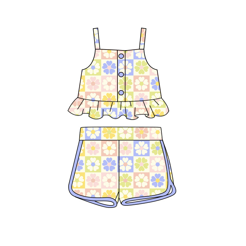 Preorder (moq 5)Baby Girls Checkered Flowers Straps Top Shorts Clothes Sets