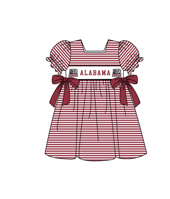 Preorder (moq 5)Baby Girls Red Short Ruffle Sleeve Alabama Stripe Team Knee Length Dress