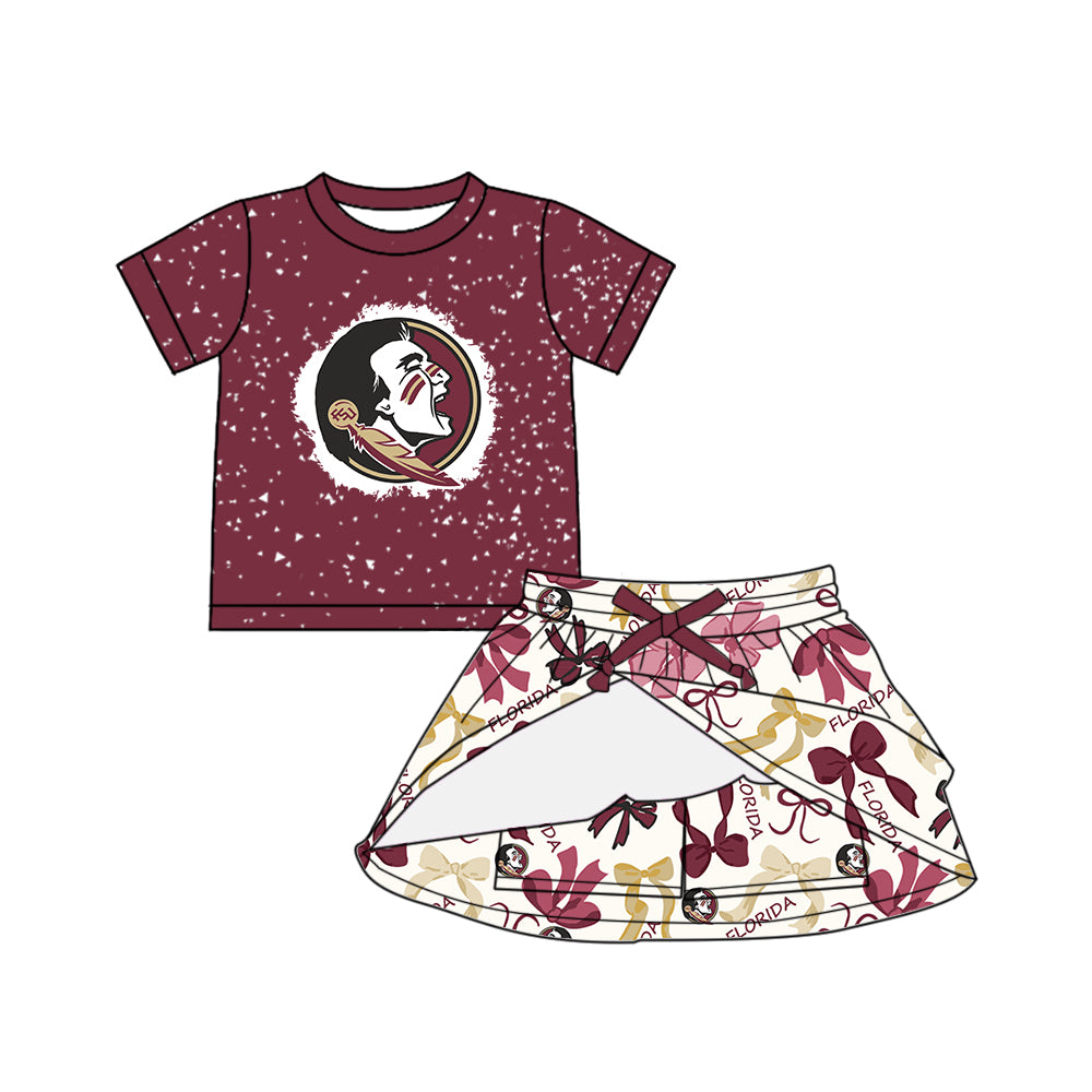 Preorder (moq 5)Baby Girls Dark Red Short Sleeves Florida Top Bows Plaid Skorts Team Set