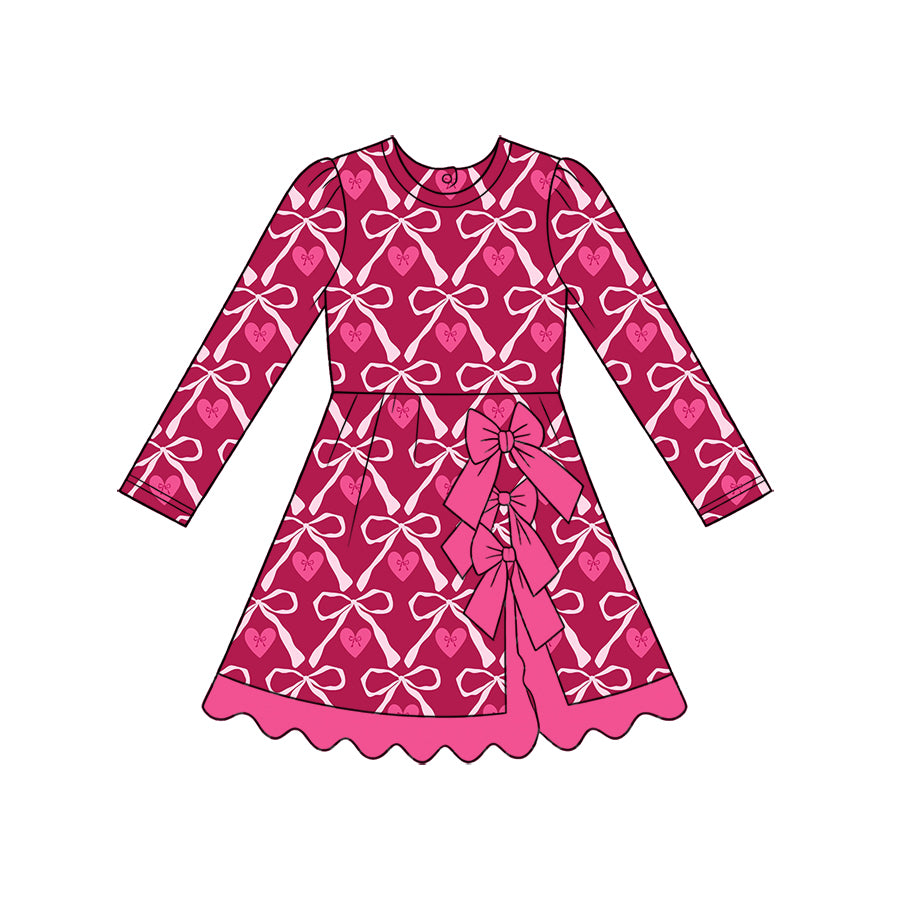 Preorder (moq 5) Baby Girl Clothes Burgundy Bow Heart Allover Print Long Sleeve Scallop Hem Dress