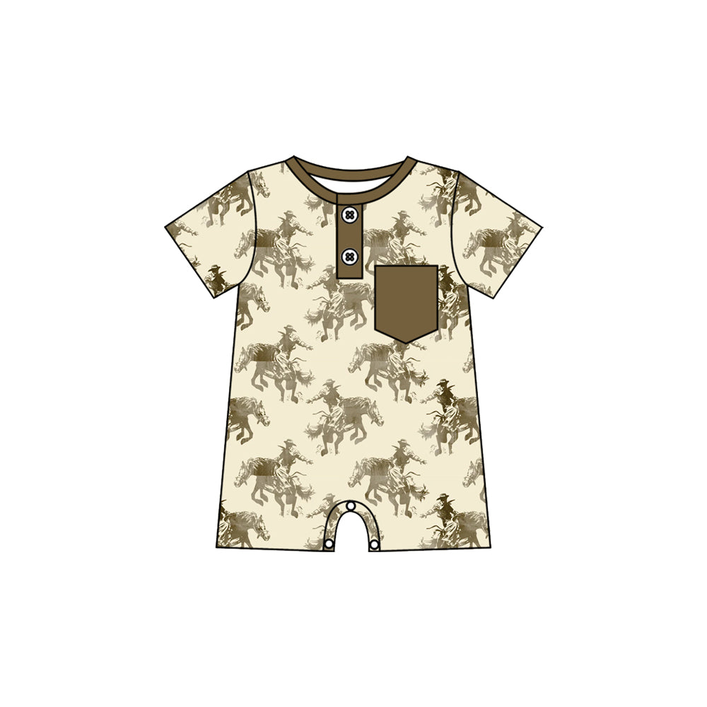 Preorder (moq 5)Baby Boys Horse Rodeos Button Pocket Western Short Rompers