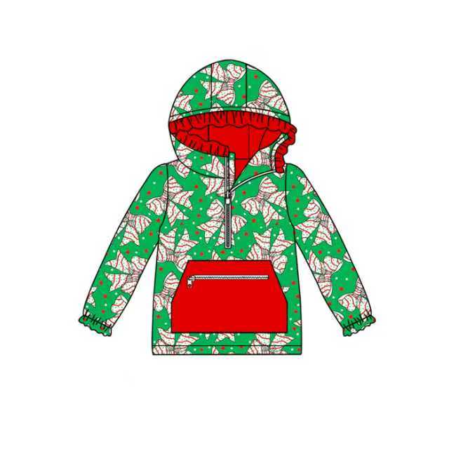 Preorder (moq 5)Baby Girls Trees Bows Stars Christmas Zipper Pocket Ruffle Hooded Tops