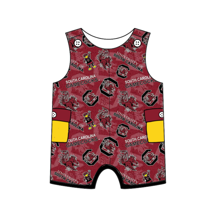 Preorder (moq 5)Baby Girls Dark Red Sleeveless Gamecocks Bull Team Shorts Rompers