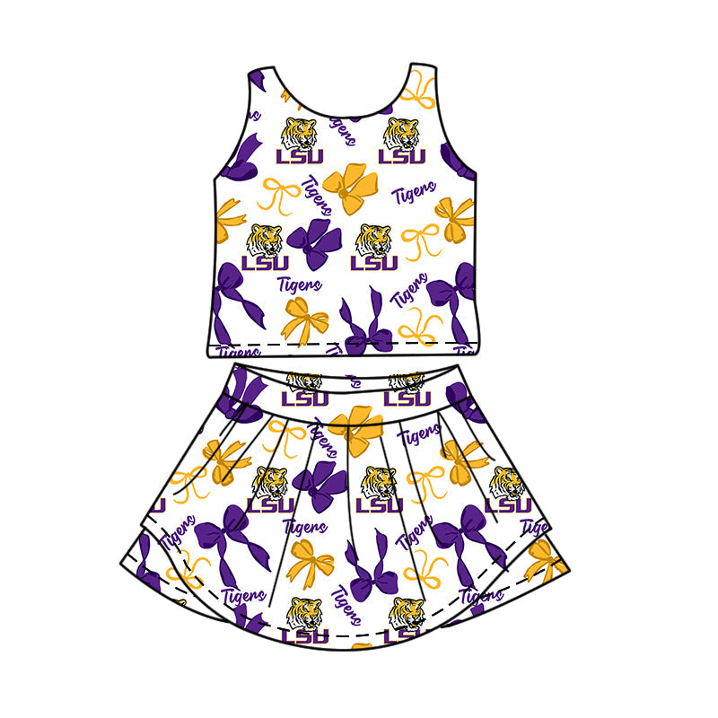 Preorder (moq 5)Baby Girls Sleeveless LSU Tigers Bows Top Skirt Shorts Team Clothes Sets