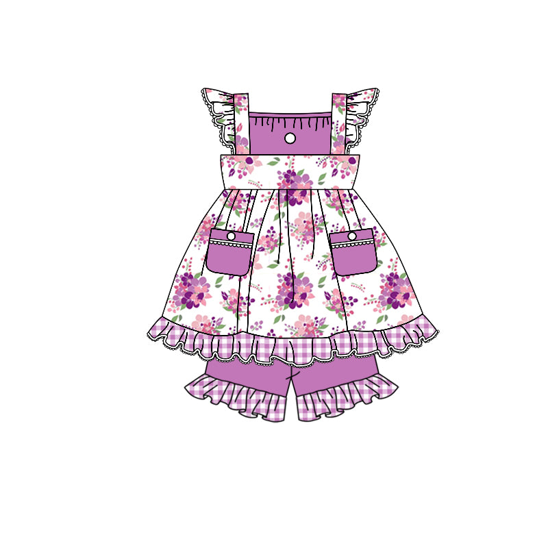 Baby Girls Purple Flowers Flutter Sleeve Top Ruffle Shorts Clothes Sets Preorder(moq 5)