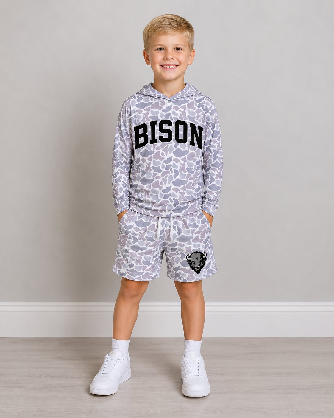 Preorder (moq 5)Baby Boys Bison Hooded Top Camo Shorts Clothes Sets