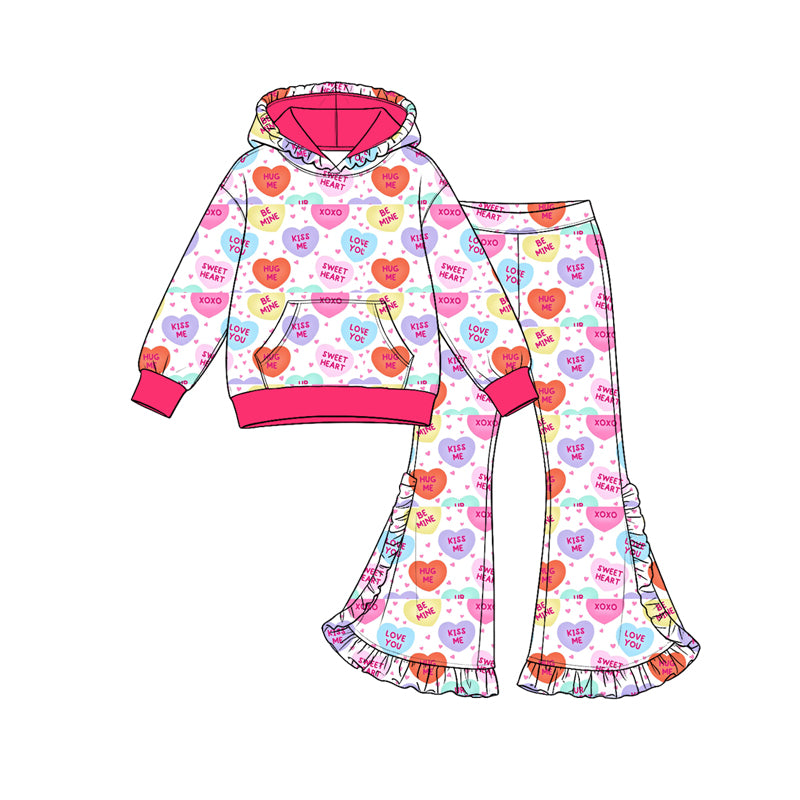 Preorder (moq 5) Girls’ Fall Pink Hooded Long-Sleeve Heart & Letter Ruffle Flare Pants Print Set | Matching Sister & Family Outfits