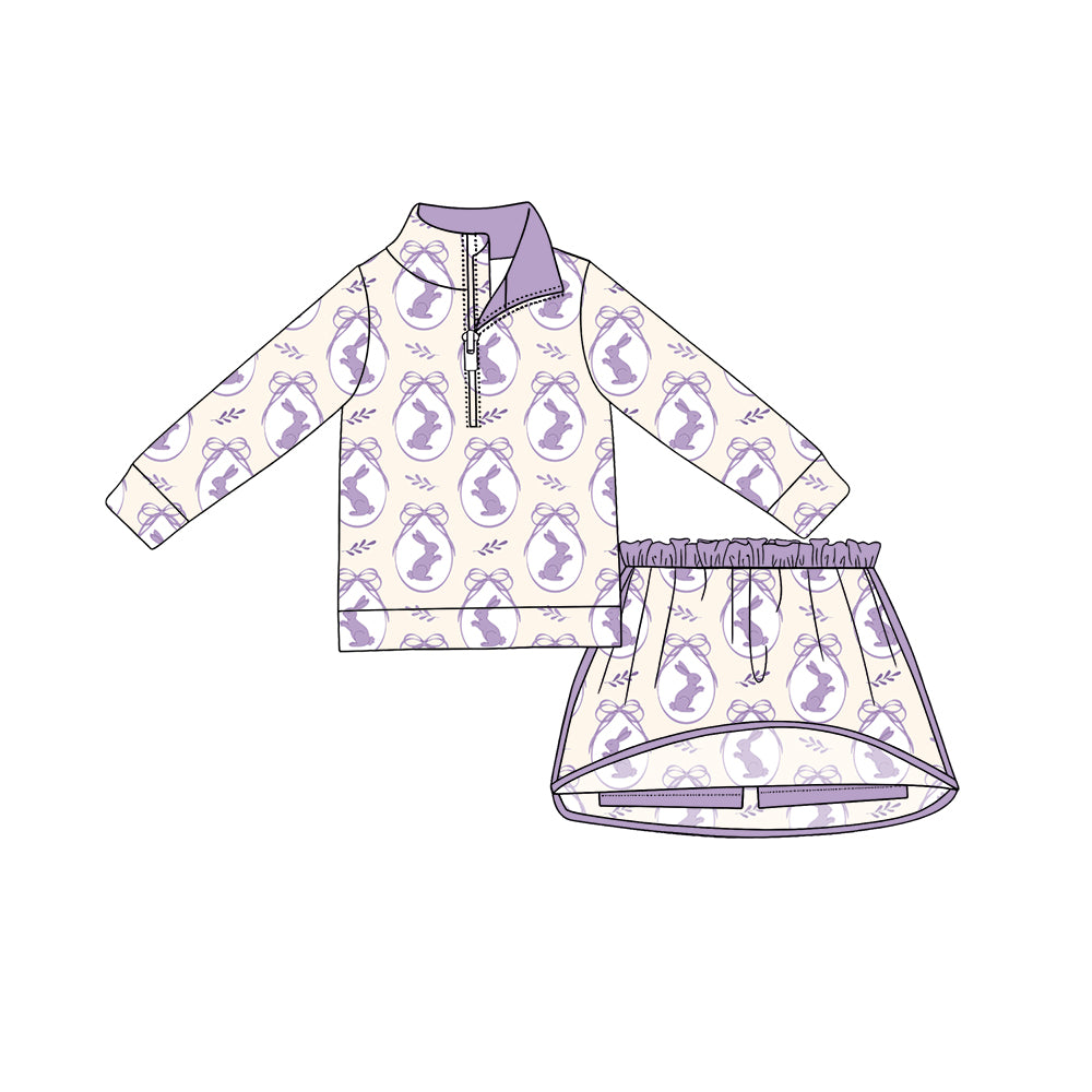 Preorder (moq 5) Girls’ Easter Purple Bunny Bow Half-Zip Top & Skirt Set, Festive Holiday Outfit