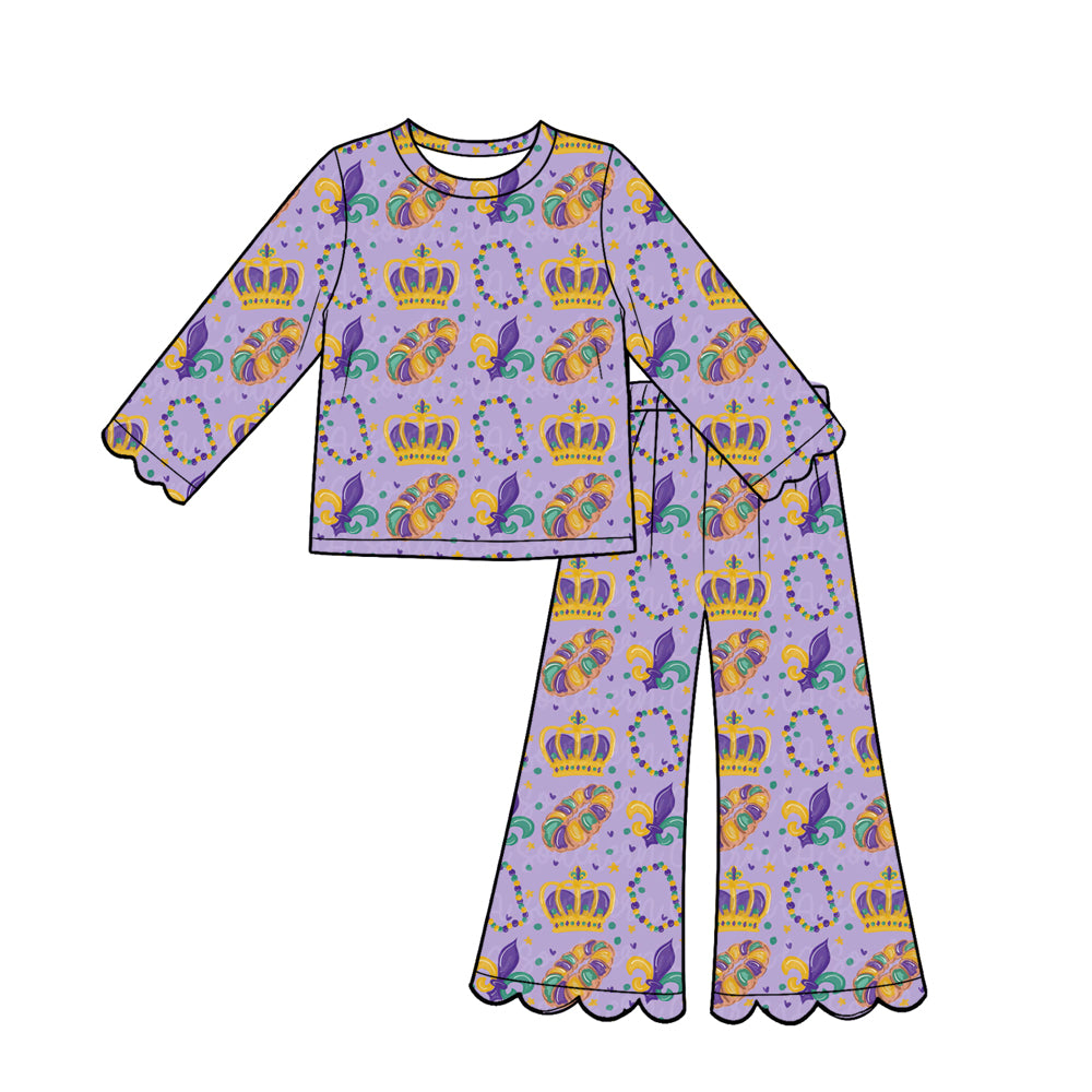 Preorder (moq 5) Baby Girl Clothes Mardi Gras Crown King Cake Print Long‑Sleeve Top Scalloped Flare Pants Set
