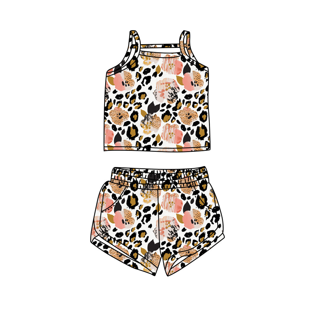 Preorder (moq 5)Baby Girls Leopard Flowers Straps Top Shorts Clothes Sets