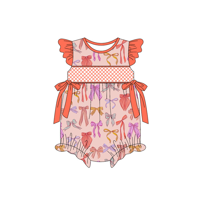 Preorder(moq 5)Baby Infant Girls Orange Flutter Sleeves Colorful Bows Ruffle Rompers