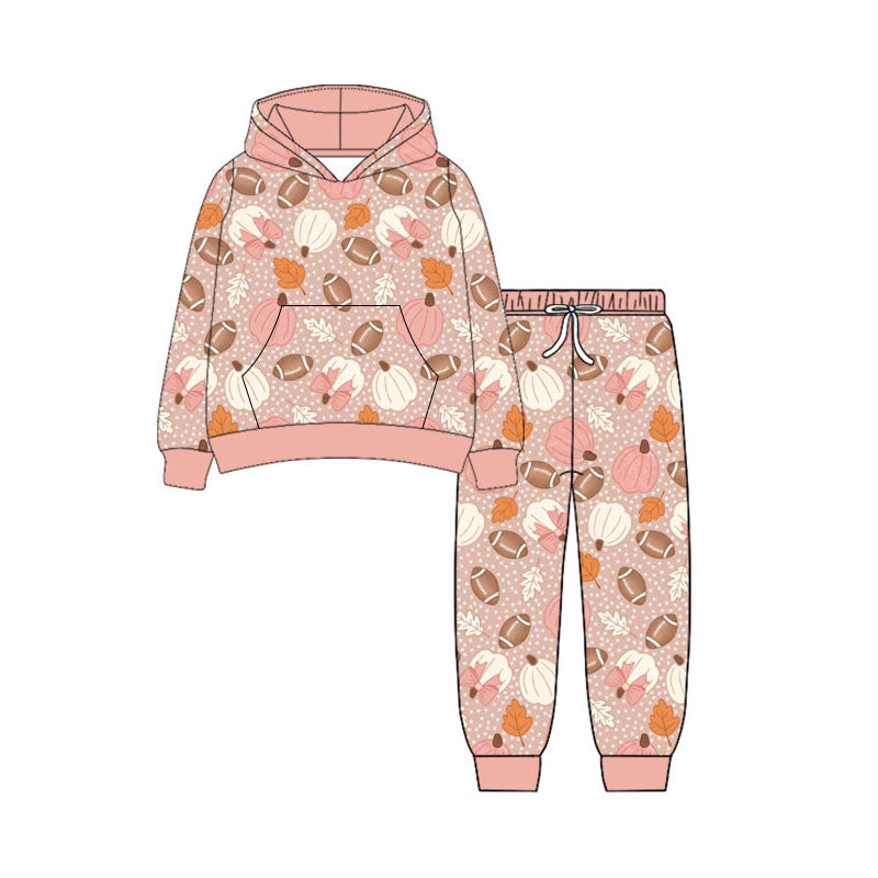 Preorder (moq 5)Baby Girls Long Sleeve Football Pumpkins Pocket Hoodie Jogger Team Sets