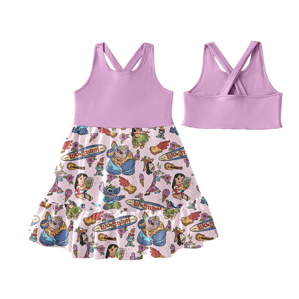 Preorder (moq 5)Baby Girls Lavender Sleeveless Cartoon Bunny Patchwork Knee Length Dress