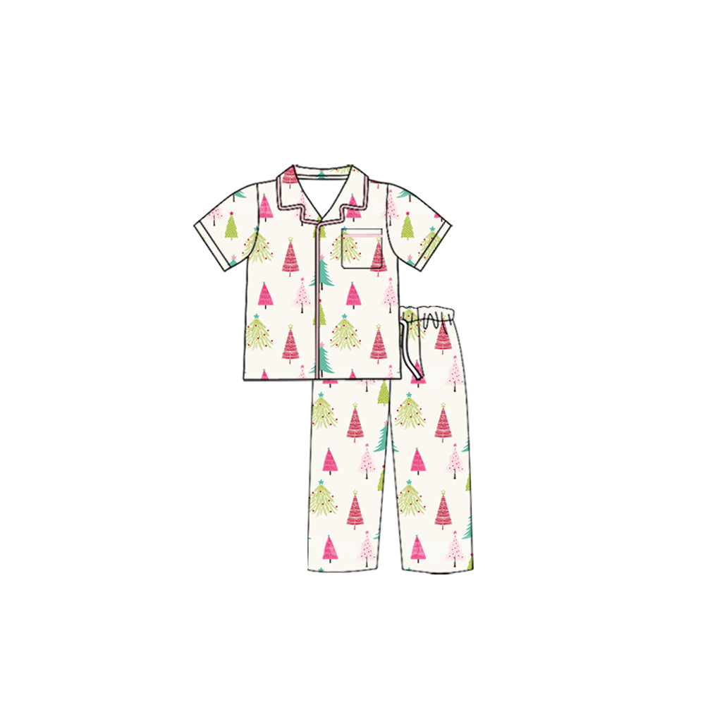 preorder(moq 5) Baby Girls Short Sleeves Christmas Trees Plaid Pocket Button Top Pants Pajamas Set