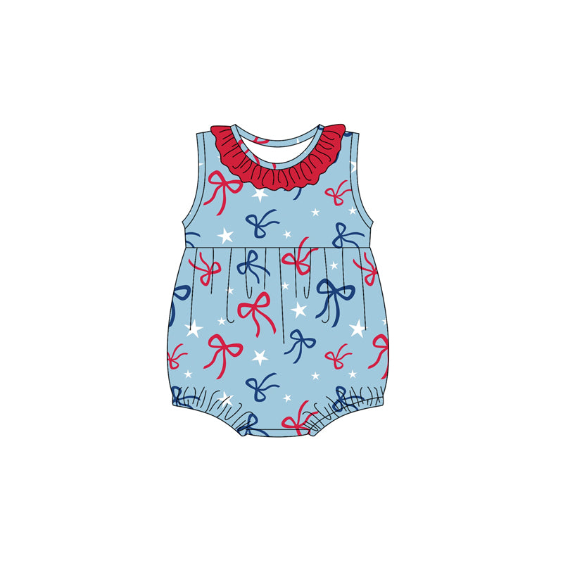 Preorder(moq 5)Baby Infant Girls Sleeveless Red Blue Bows Round Collar 4th Of July Rompers