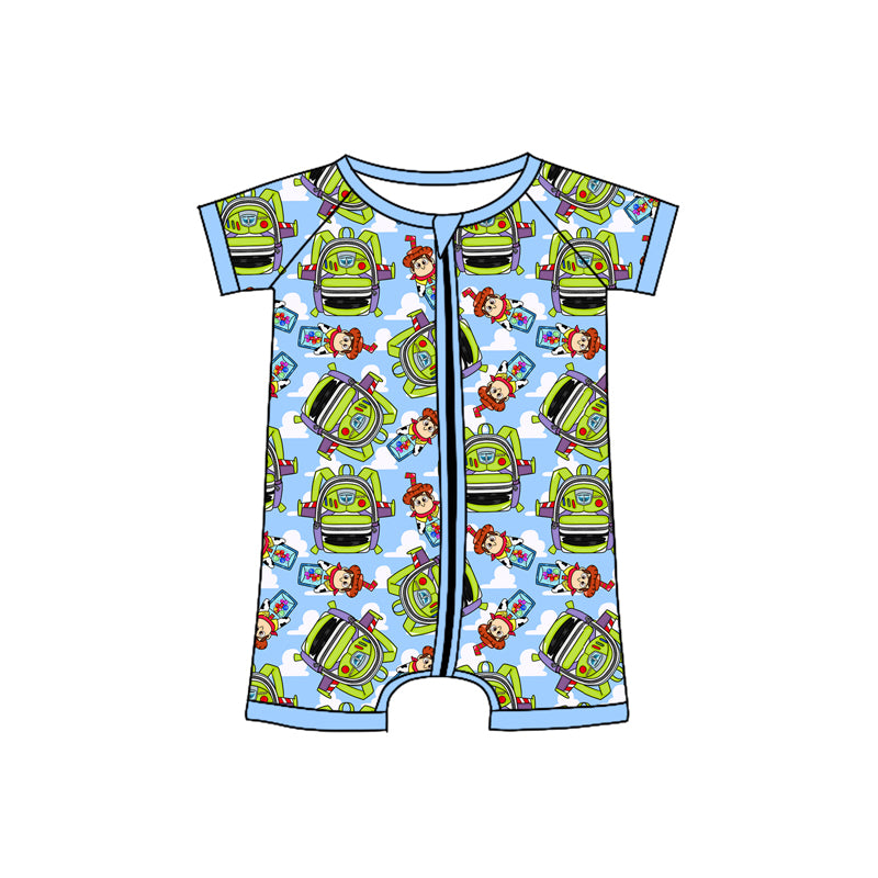 Preorder(moq 5)Baby Infant Boys Blue Cartoon Monster Zip Summer Rompers
