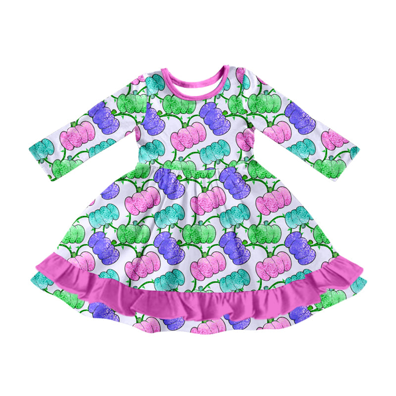 Preorder (moq 5)Baby Girls Long Sleeves Colorful Pumpkins Plaid Ruffle Knee Length Dresses