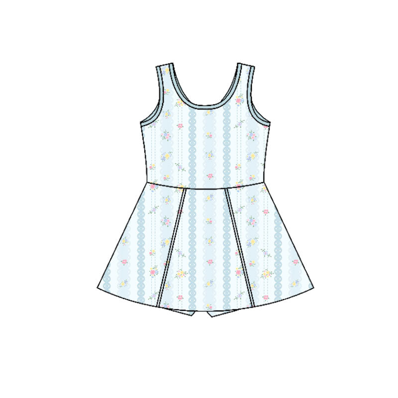 Preorder(moq 5) Baby Girls Aqua Stripes Flowers Plaid Shorts Knee Length Dresses