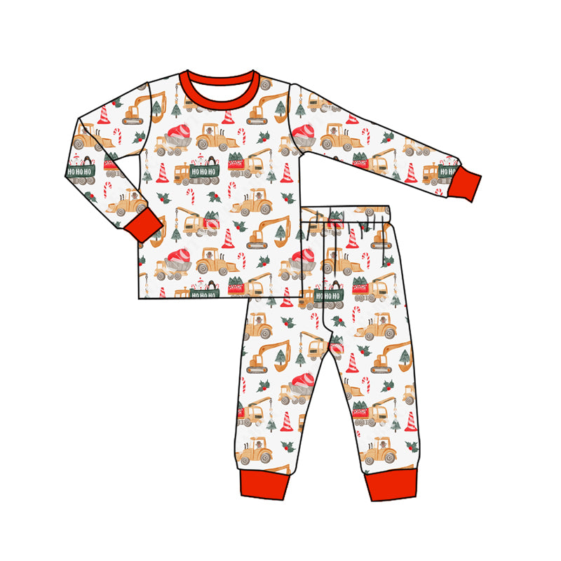 Preorder (moq 5)Baby Boys Long Sleeves Excavators Trees Candy Cane Top Pant Pajamas Set