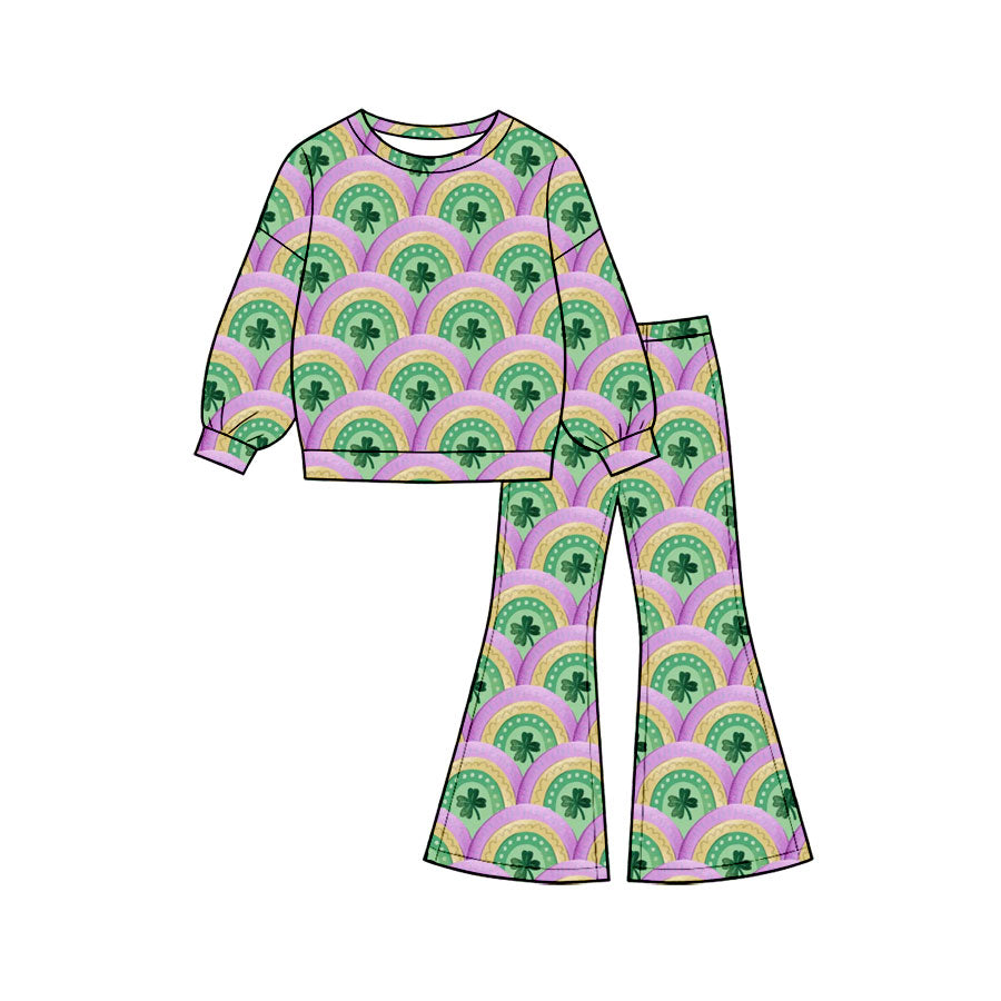 Preorder (moq 5) Baby Girl Clothes Rainbow Clover Mixed Print Long Sleeve Flare Pant Set