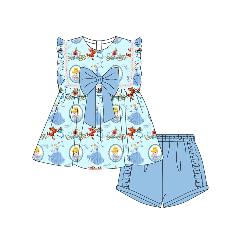 Preorder moq 5 Baby Girls Blue Sleeveless Cartoon Princess Pumpkins Tunic Ruffle Short Set