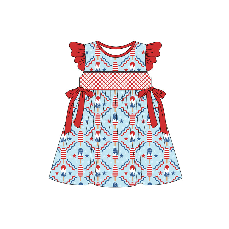 Preorder (moq 5)Baby Girls Red Flutter Sleeves Stars Popsicle Bows 4th Of July Knee Length Dresses
