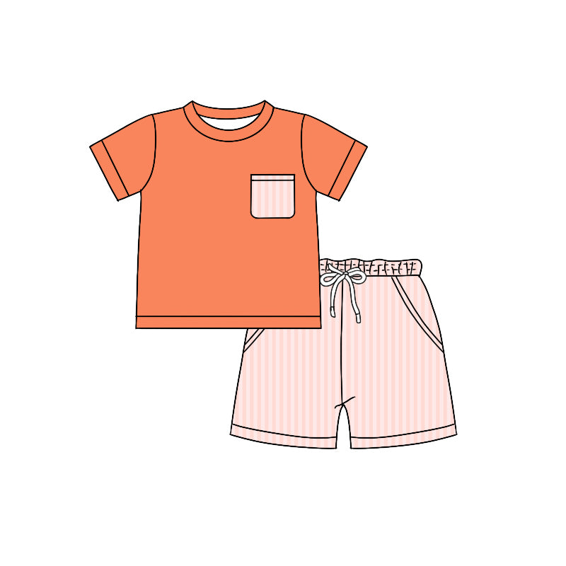 Preorder moq 5 Baby Boys Peach Short Sleeves Pocket Top Stripe Short Set