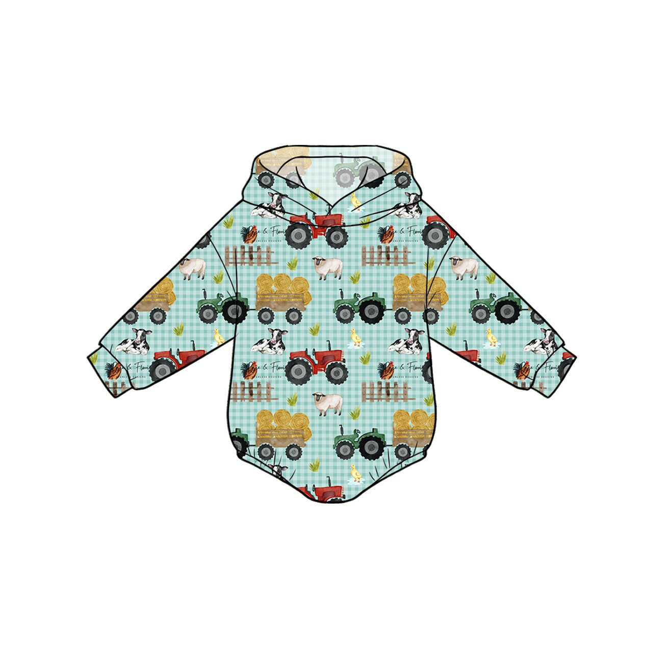Preorder (moq 5)Baby Boys Long Sleeve Pigs Cows Farm Hoodie Rompers