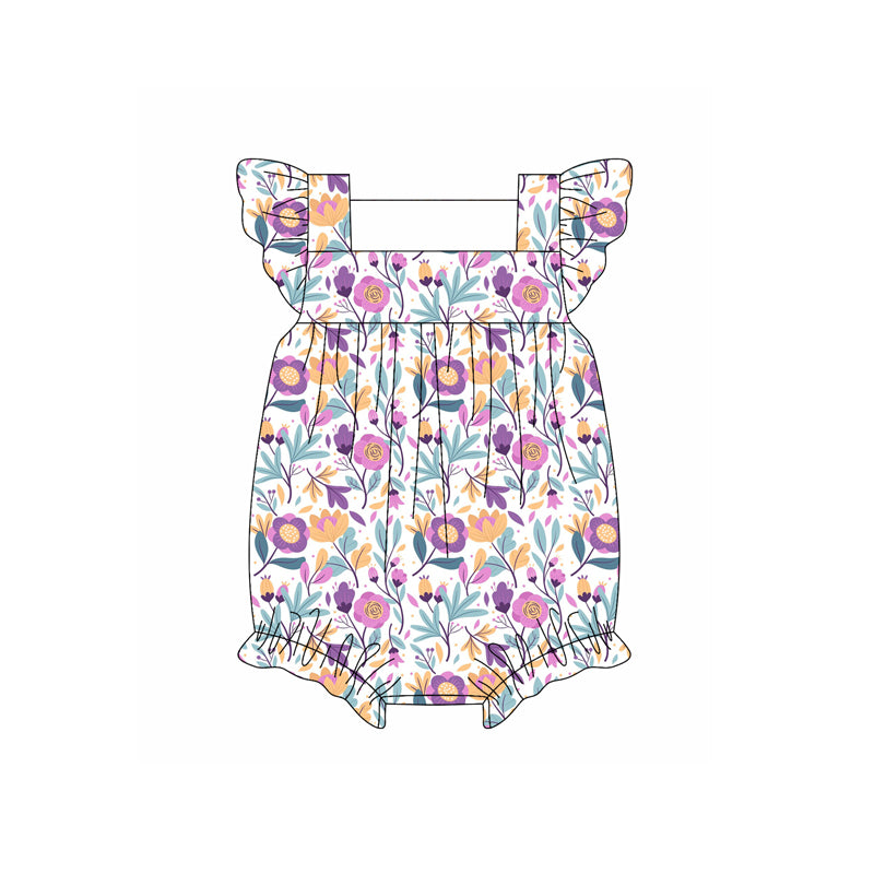 Preorder moq 5 Baby Girls Flutter Sleeves Lavender Floral Ruffle Rompers