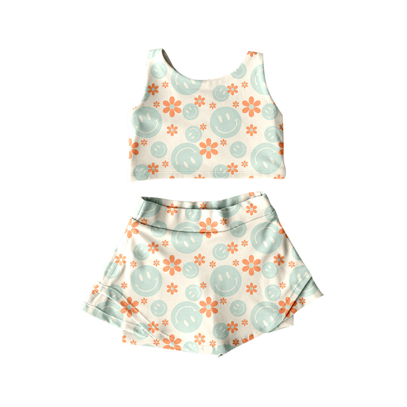 Preorder (moq 5)Baby Girls Sleeveless Smiles Flowers Vest Top Short Skirts Set